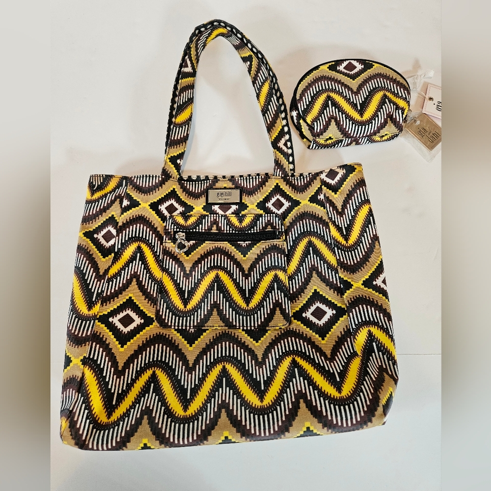 Gigi Hill Reversible Coated Canvas Tote Cosmetic Bag Polka Dot Aztec Print